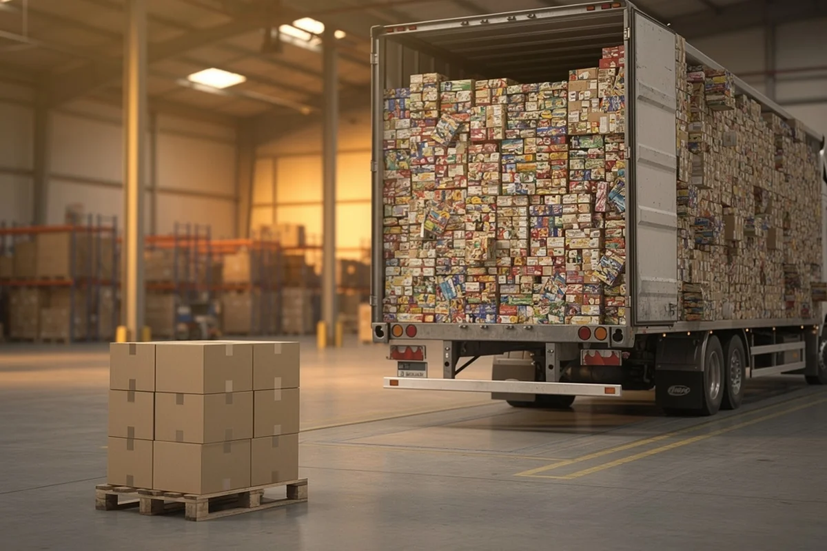 A single category pallet beside a full general-merchandise truckload showing the load size range