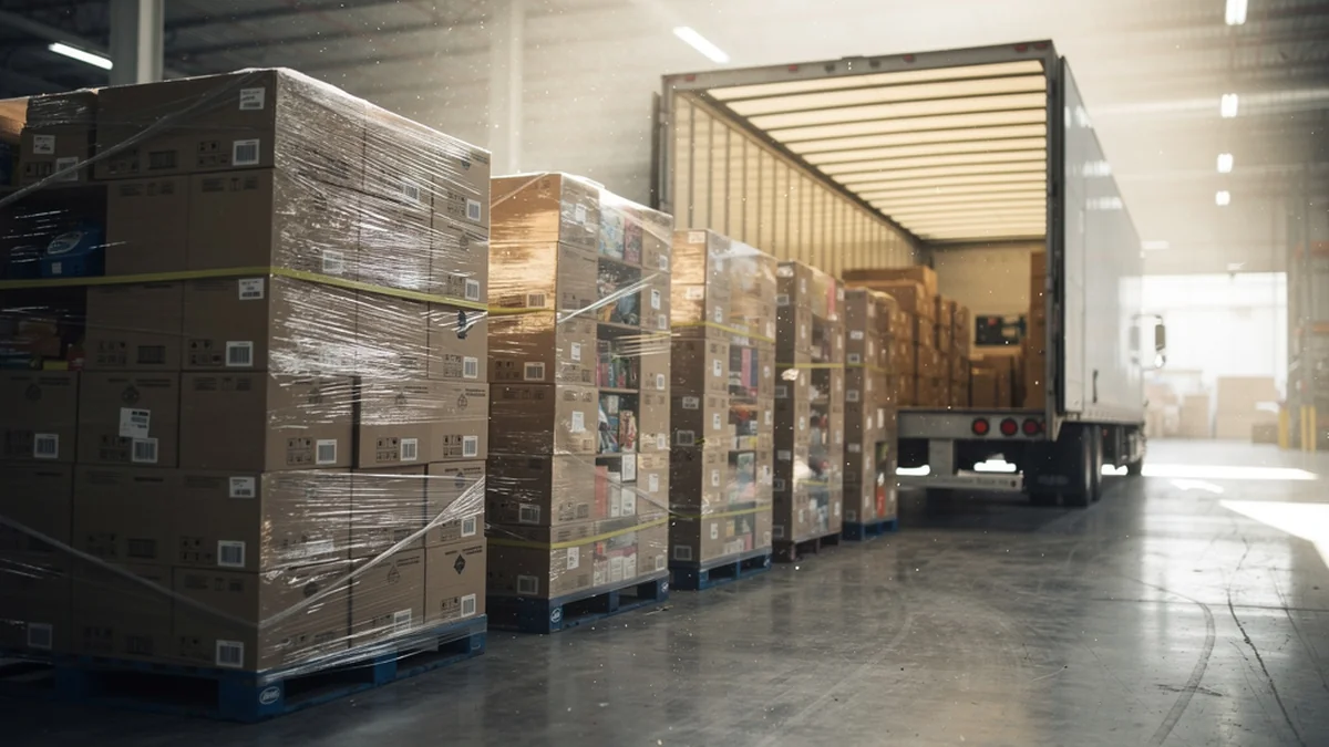 Fully loaded truckload of shrink-wrapped liquidation pallets staged in a warehouse