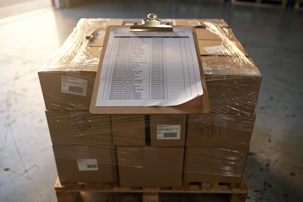 Printed manifest and clipboard on a wrapped liquidation pallet showing retail value