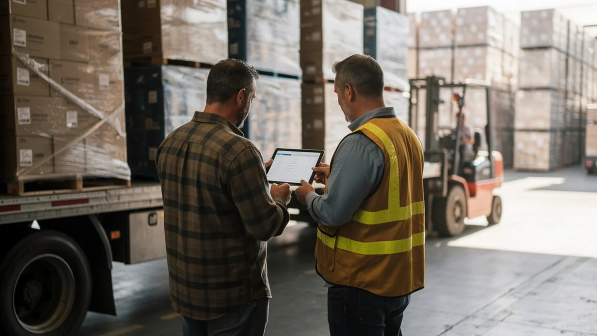 Reseller and warehouse representative reviewing a loaded trailer of liquidation pallets together