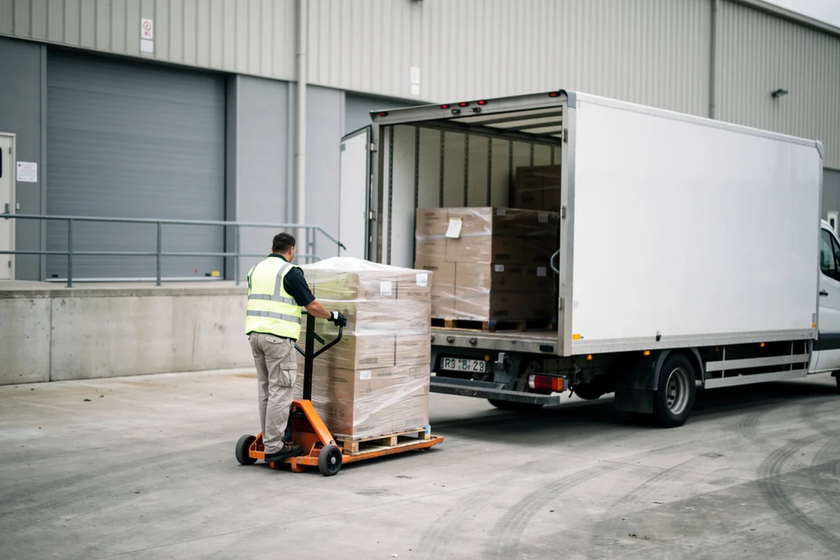 Reseller loading purchased liquidation pallets into a box truck at a warehouse dock