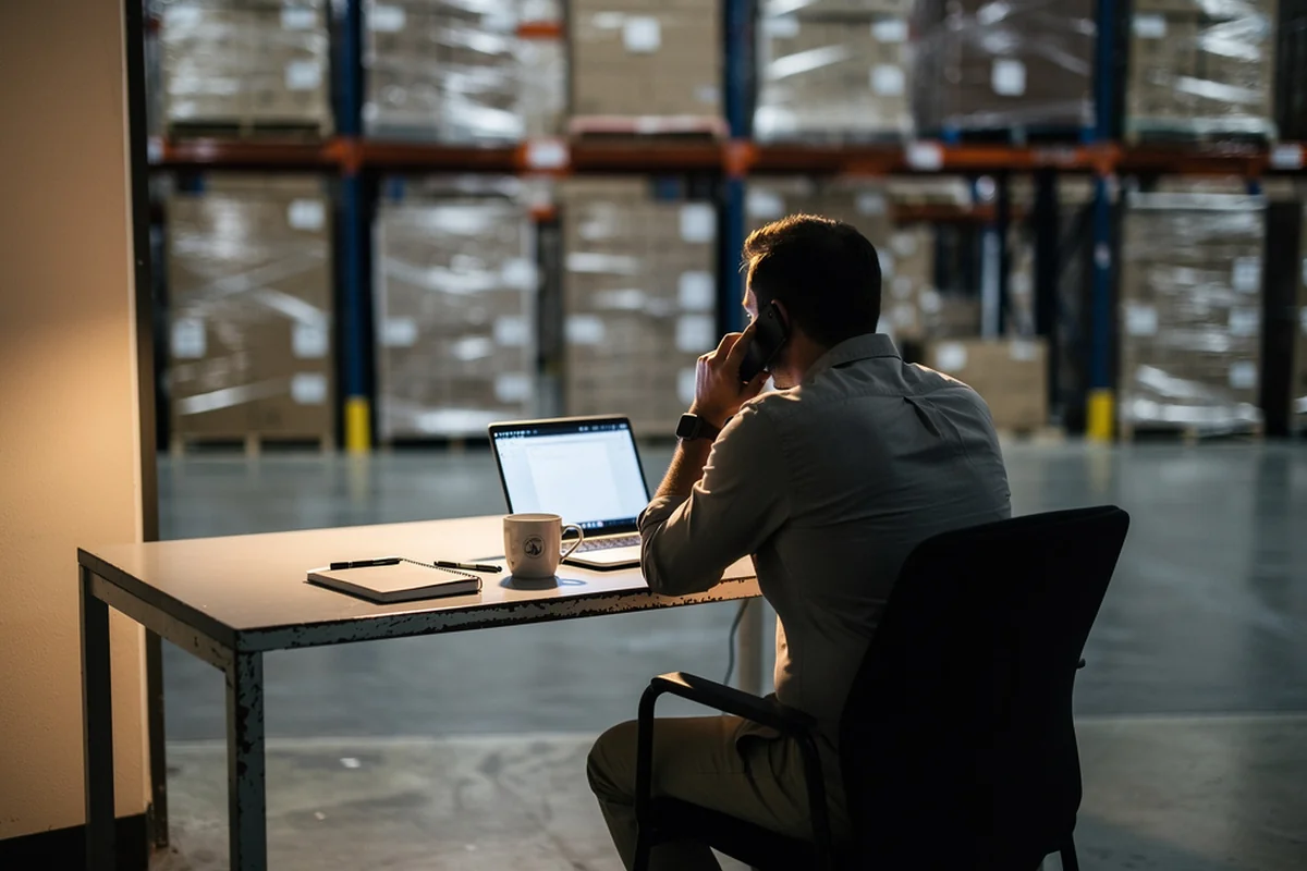 Warehouse sales rep on the phone at a desk with rows of liquidation pallets behind