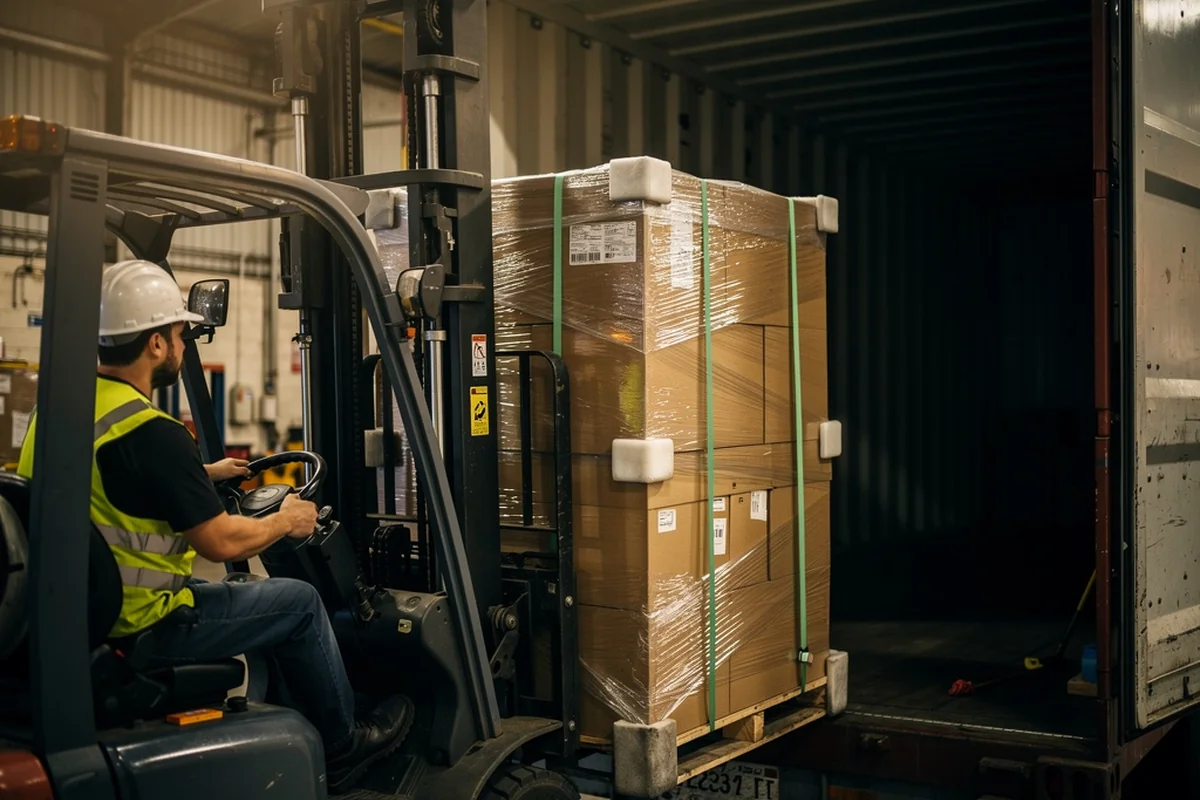 Forklift placing a shrink-wrapped pallet into a freight trailer for shipment