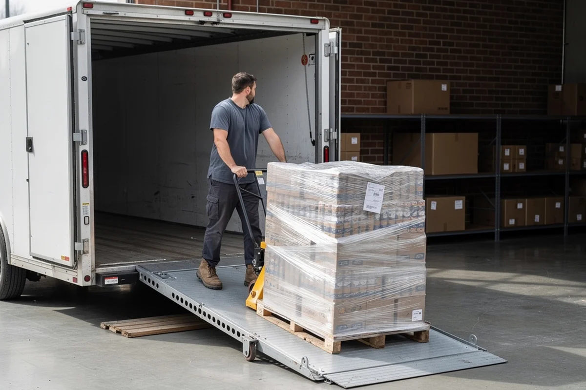 Freight trailer delivering liquidation pallets to a small business receiving bay