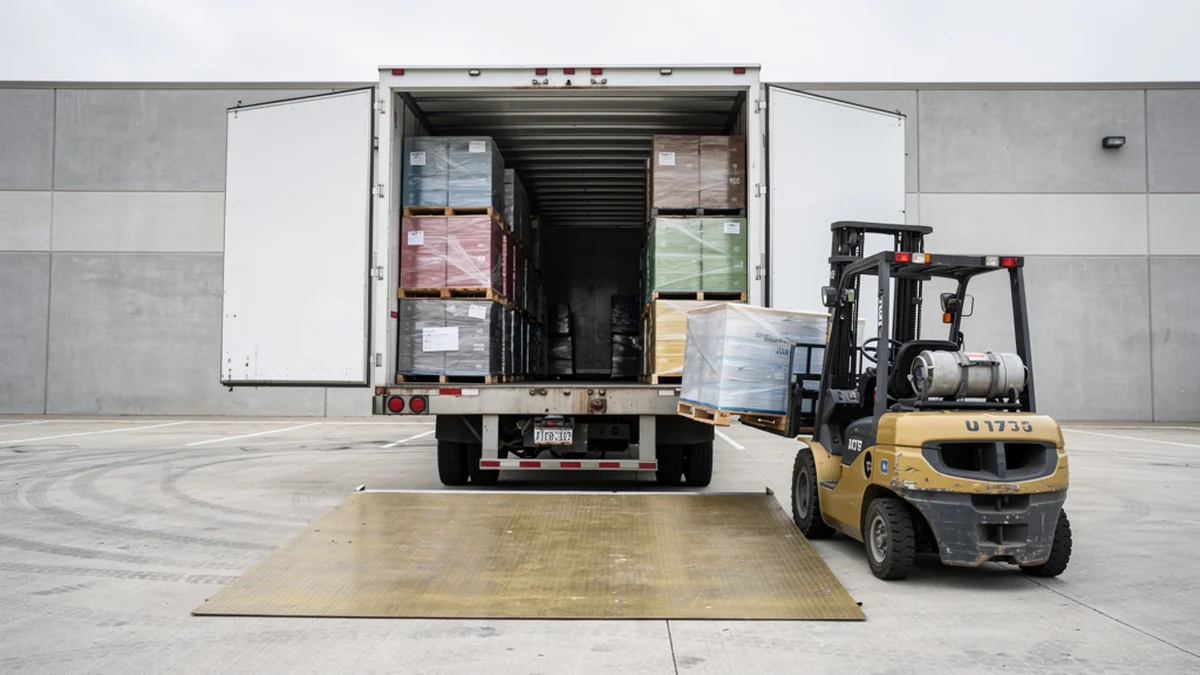 53-foot freight trailer backed to a warehouse dock being loaded with liquidation pallets