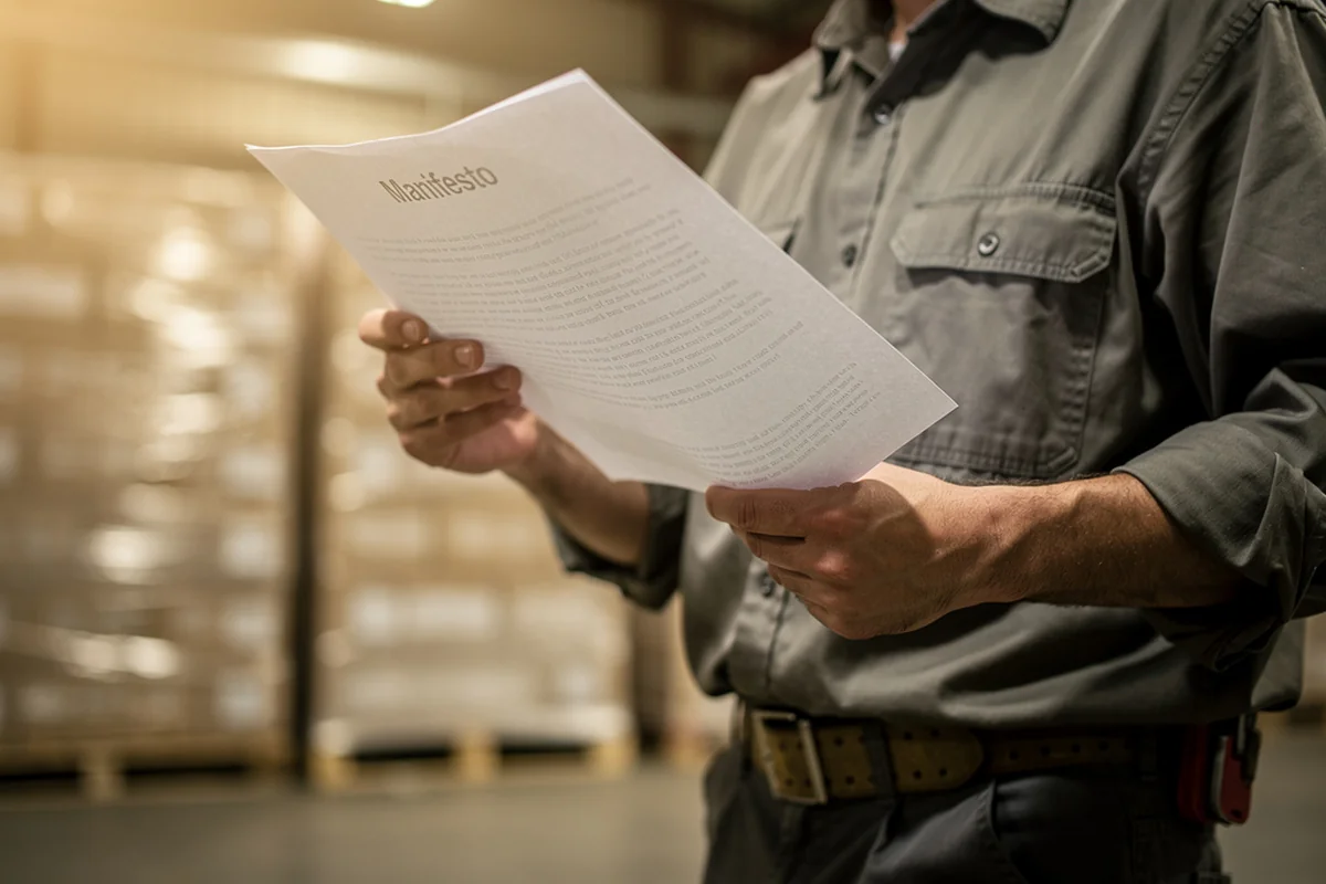 Buyer reviewing a liquidation manifest with pallets of merchandise in the background