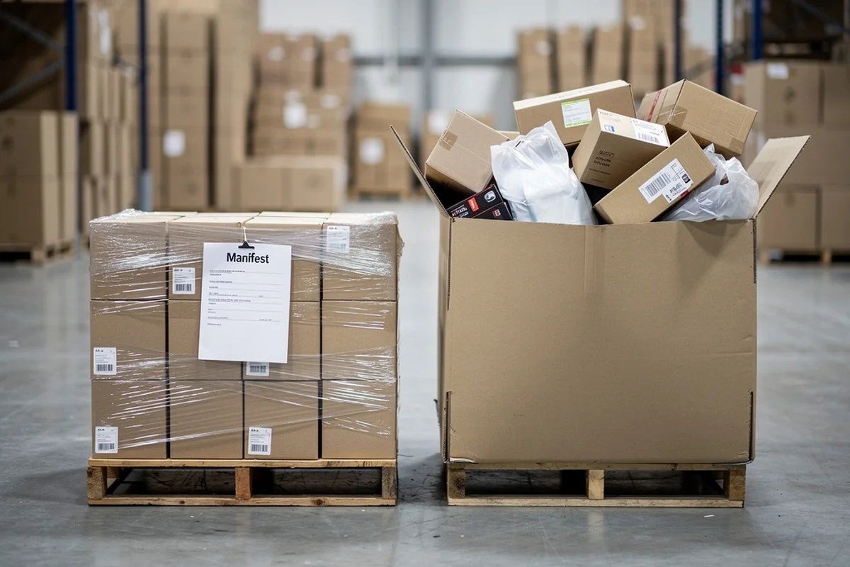 A documented pallet beside an unmanifested mixed-returns gaylord showing the difference