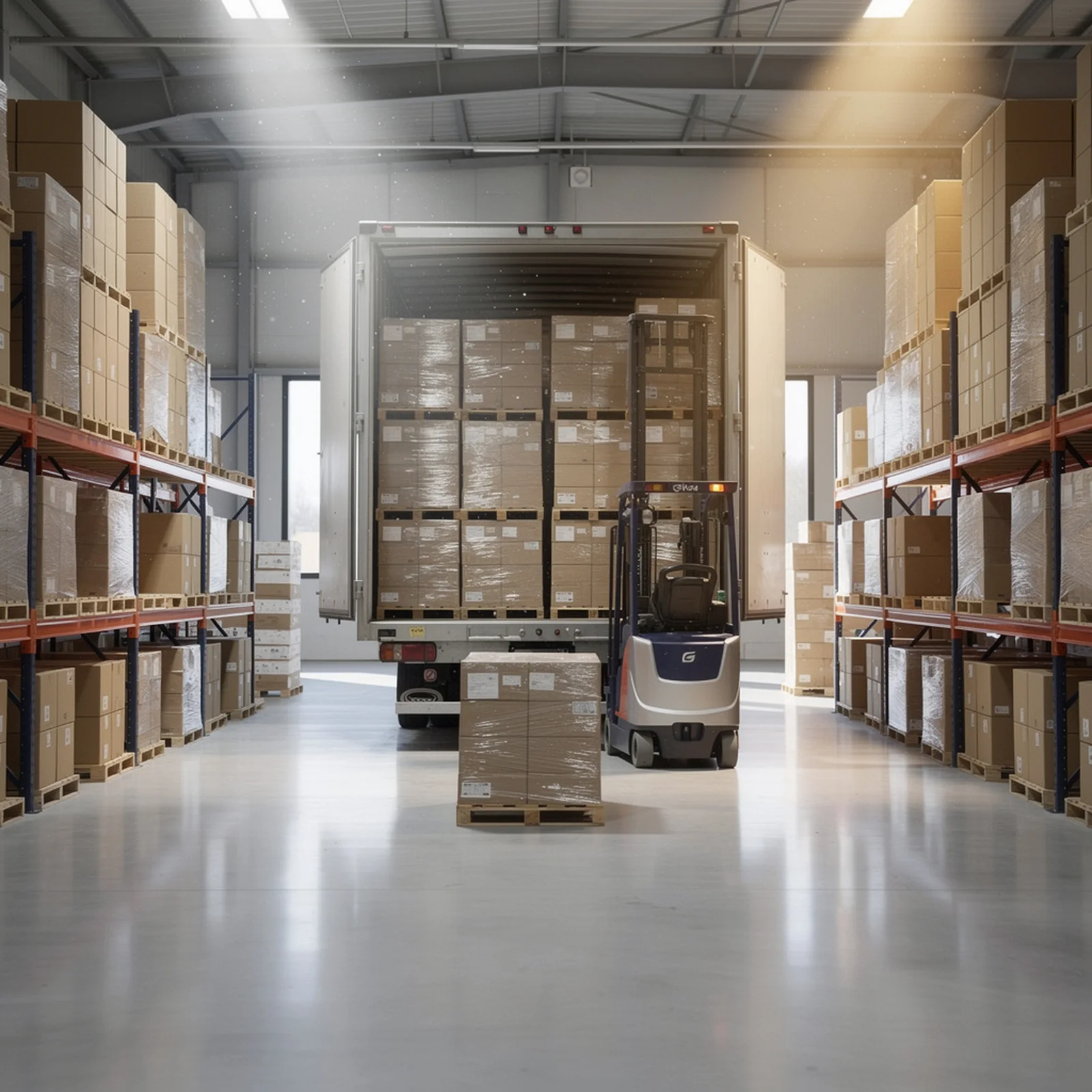 A forklift loading a full truckload of shrink-wrapped pallets into a trailer at the warehouse dock