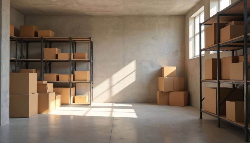 basement with boxes in storage racks and floor