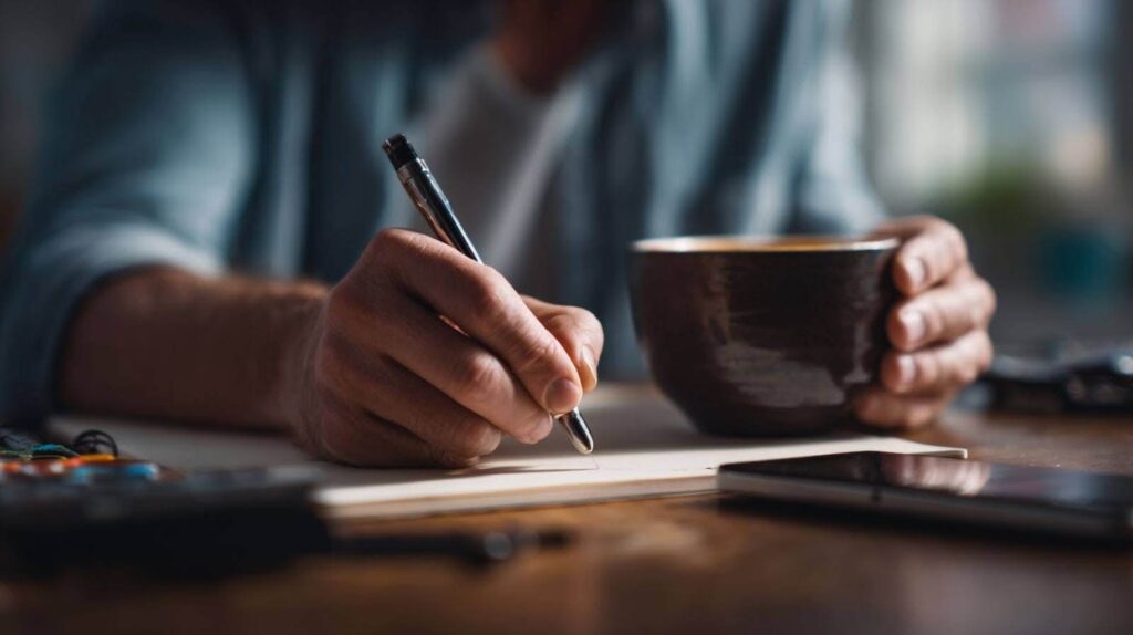 man with coffee cup sitting writing business plan in notebook
