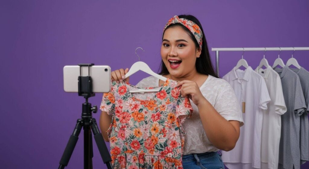 woman live-streaming fashion, showing a floral dress 