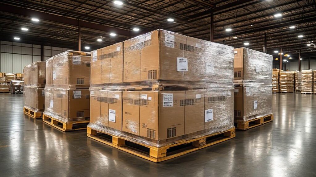 Shrink wrapped large boxes on pallets in a warehouse 