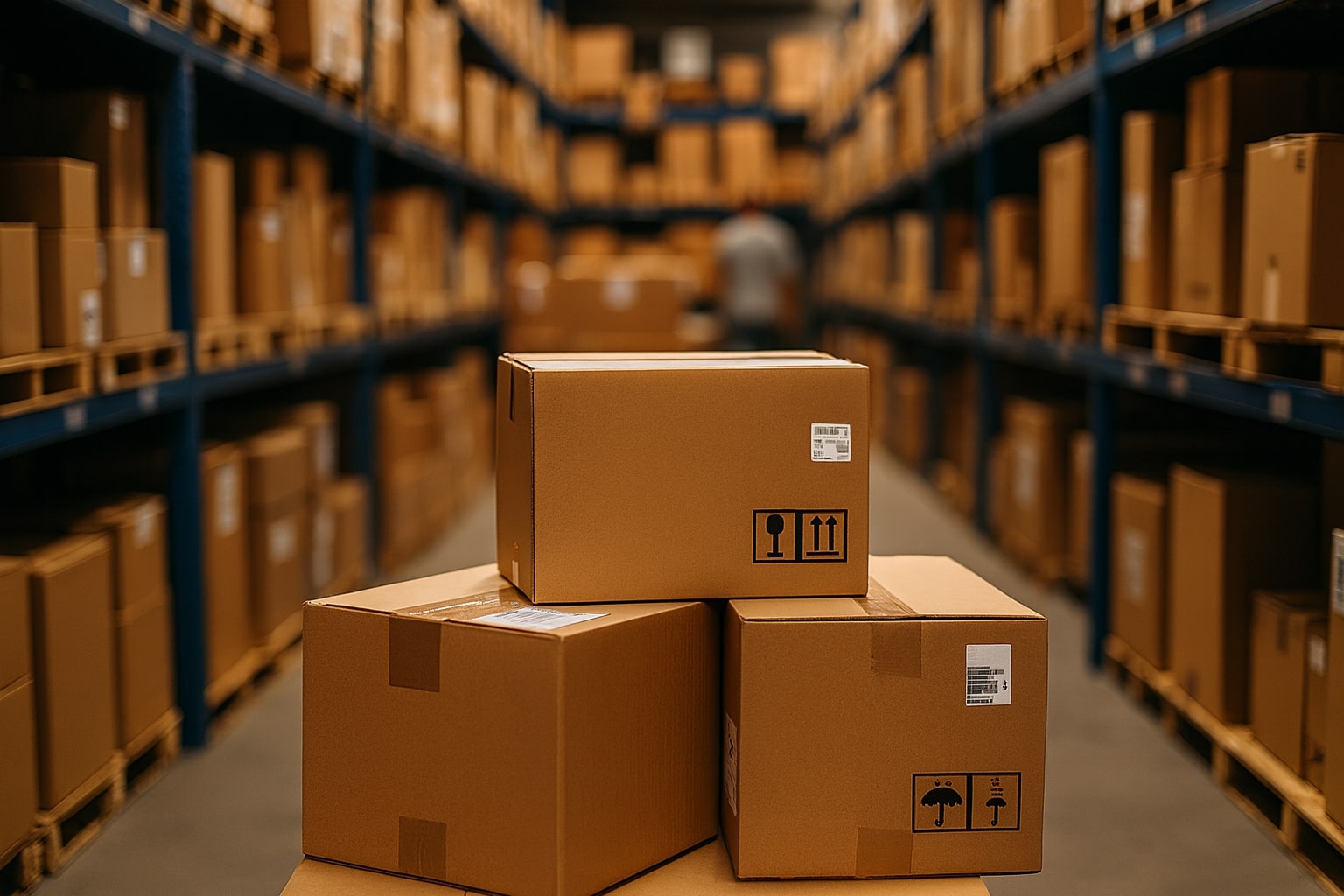 3 cardboard boxes 3 cardboard boxes stacked on a table in a warehouse