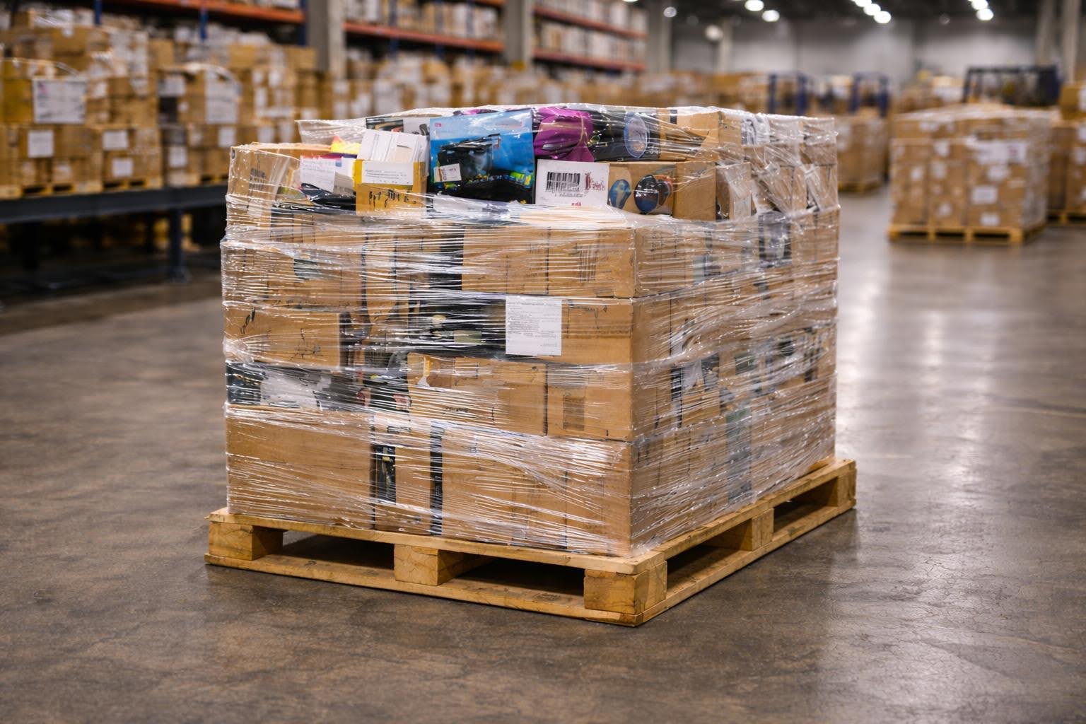 Amazon returns pallet at warehouse shrink shrink-wrapped