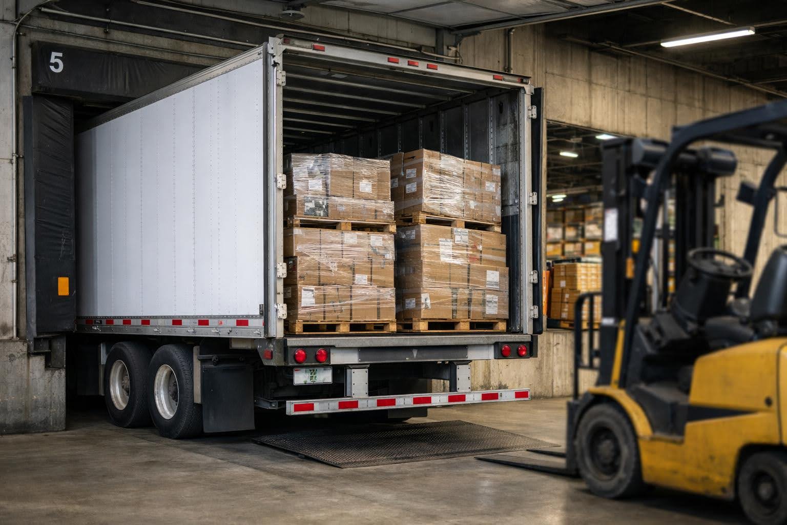 truck in loading bay open doors with forklift in front