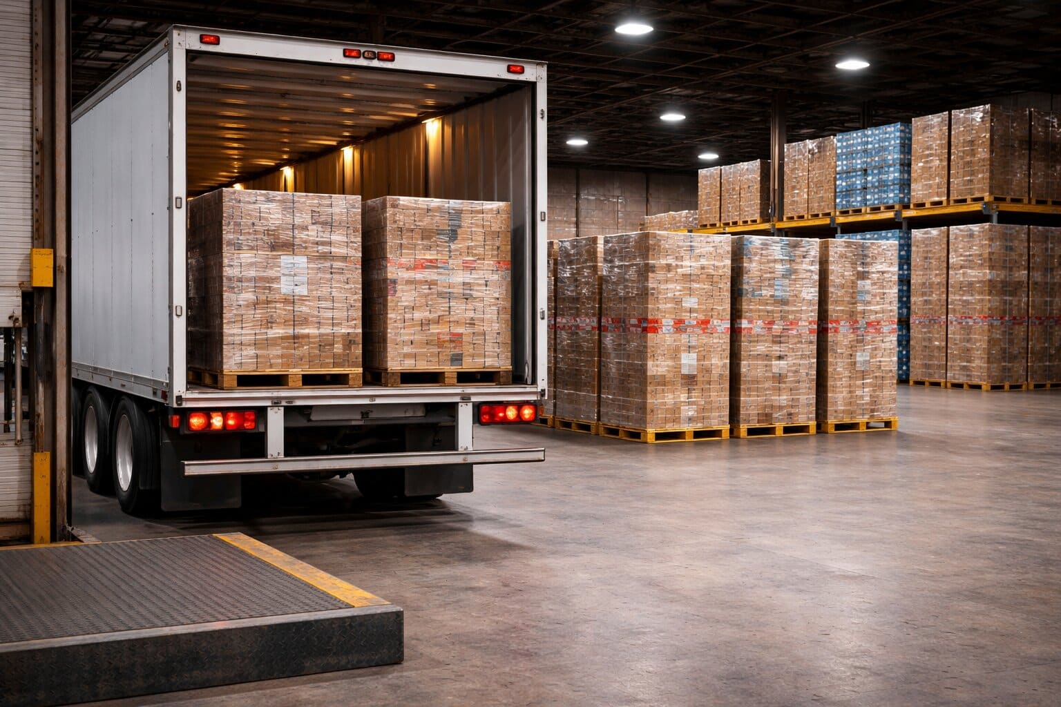 Loading dock with truck and stacked pallets