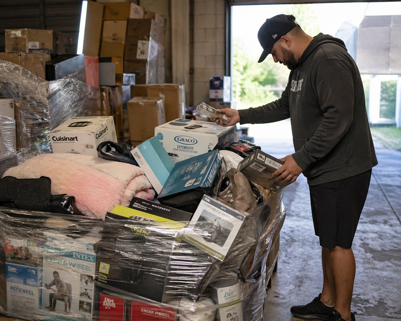 a reseller sorting through a liquidation pallet