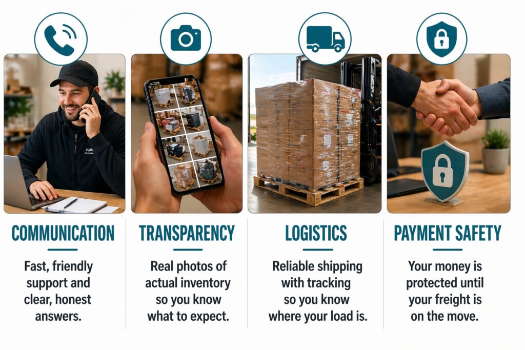 Graphic showing what to look for in a liquidation company - communication, transparency. Logistics and payment safety